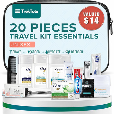 20 Piece Unisex Travel Hygiene Kit with Toiletries & Personal Care Essentials, T
