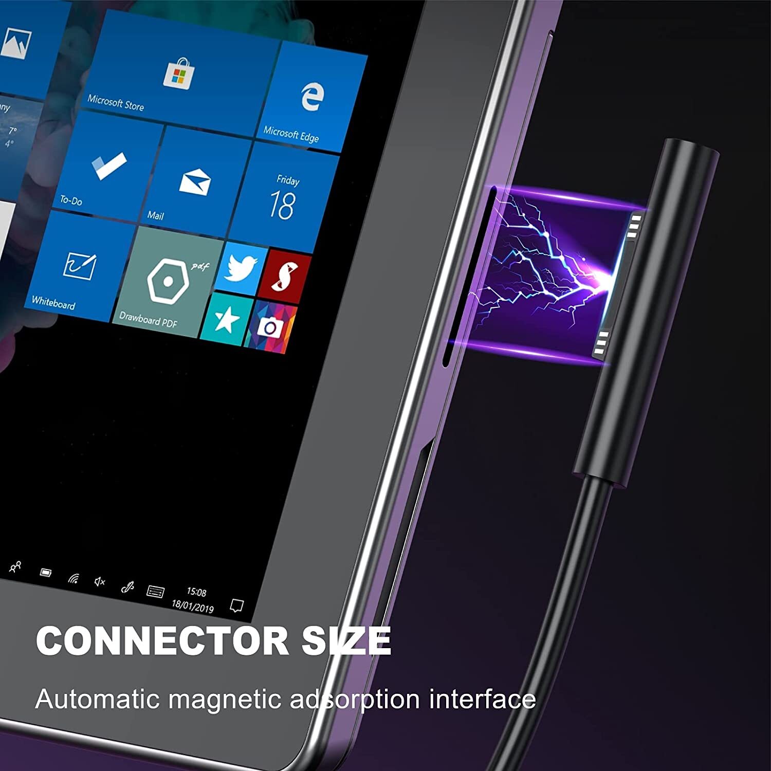 Chargeur Surface Pro 65W noir d'alimentation pour PC portable Microsoft Surface