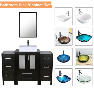 48'' Black Bathroom Vanity Set 2 Side Cabinet Vessel Glass/Ceramic Sink No Mirror