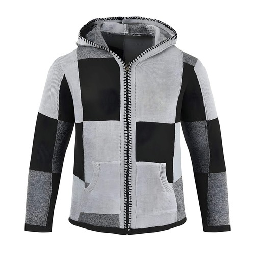 Men's Casual Long Sleeve Hooded Cardigan Sweater Coat with Color Blocking Design - 第 1/17 張圖片