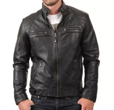 Neu Herren Echt Lammleder Schwarz Slim Fit Biker Motorrad Lederjacke