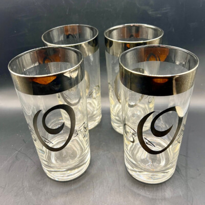 Vintage Dorothy Thorpe Monogram Letter ''O'' silver rim 4 Glass Tumblers MCM EVC