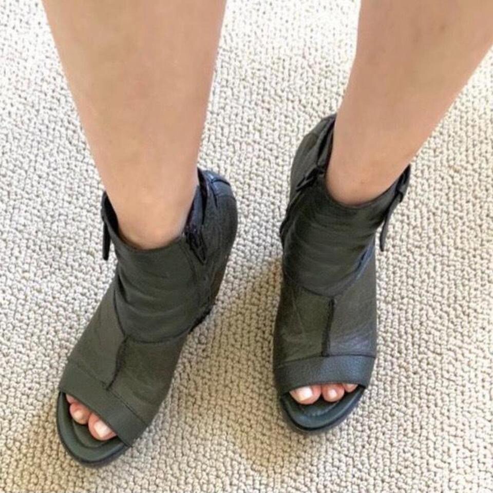 Y2k Alexander Wang Khaki Leather Platform Open Toe Ankle Boots& Side Zip Closure image 7