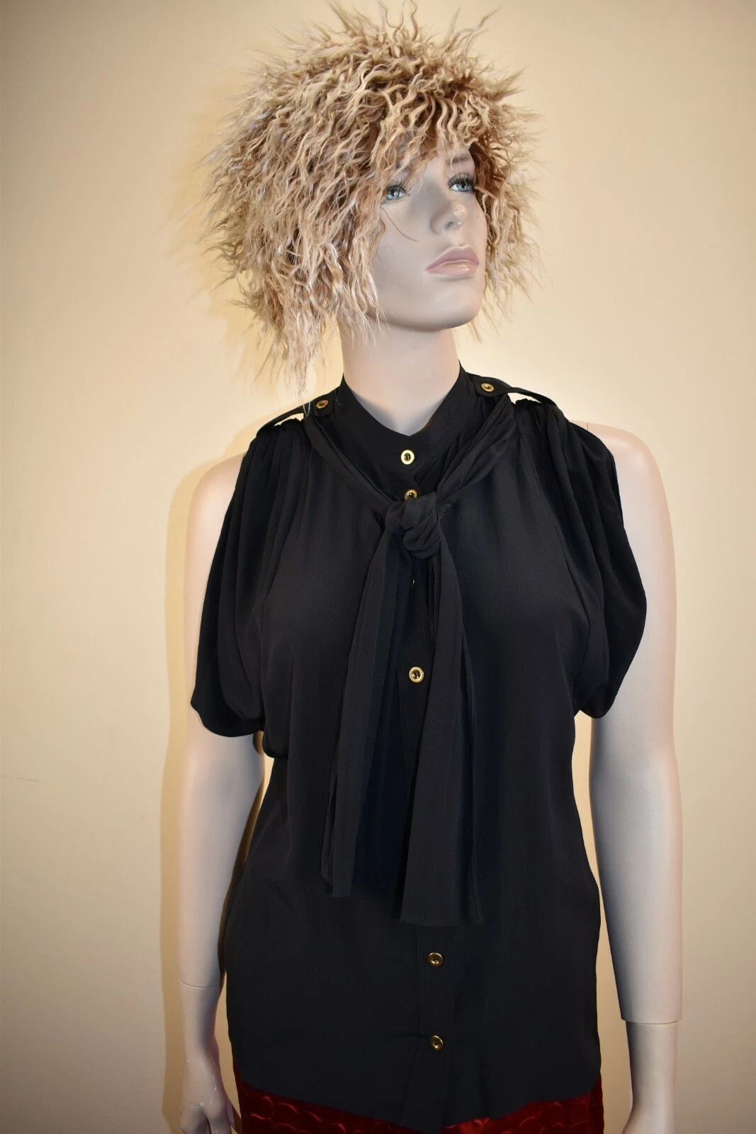 CHEMISIER ROBE CRAVATE BOUTON GUCCI 221783 SOIE NOIRE SANS MANCHES OR NEUF AVEC ÉTIQUETTES 46 ITALIE