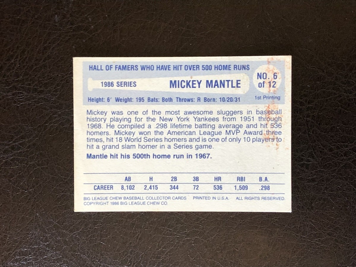 1986 Big League Chew Home Run Legends Mickey Mantle Card #6 VG-EX