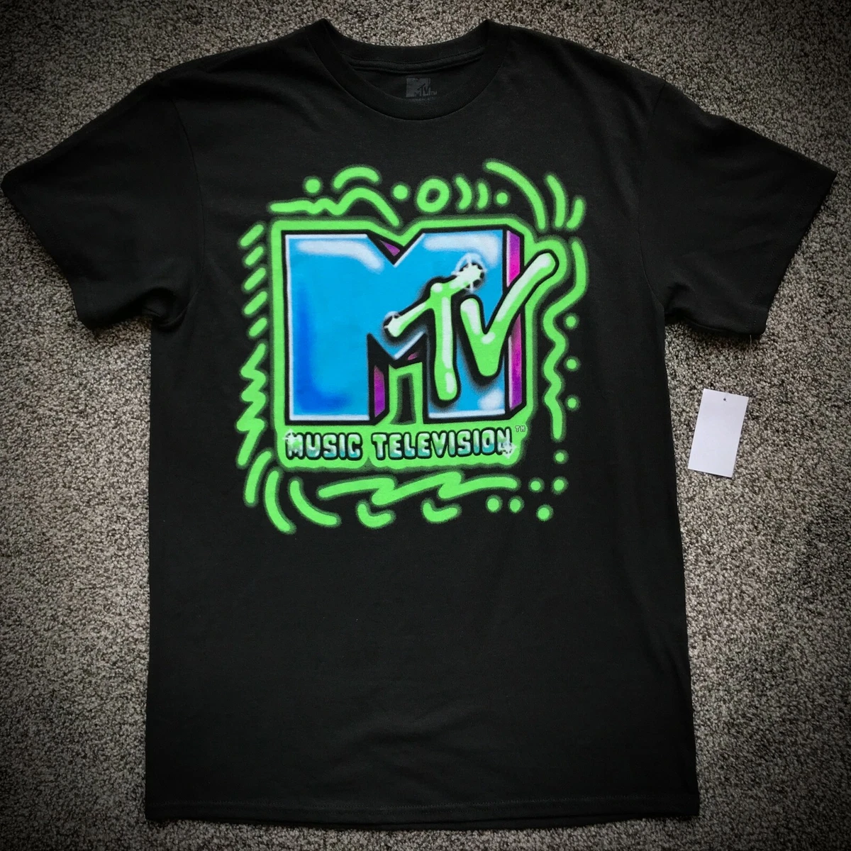 Mens Medium MTV T SHIRT black green blue retro 90s airbrush spray paint graffiti