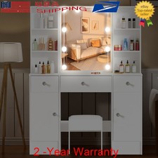 Large Vanity Desk Set w/ 3 Colors LED Lighted Mirror Makeup Dressing Table Stool