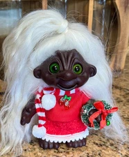 Dam Troll 7” Brown / Black Christmas Girl. O.O.A.K. Wool Hair & Glass Eyes.