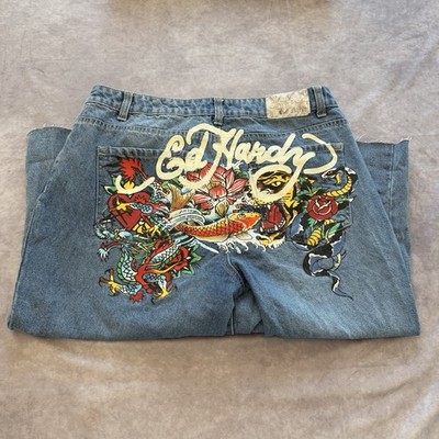 Ed Hardy Christian Audigier Tattoo Graphic Capri Jeans Women s 32 Raw Hem