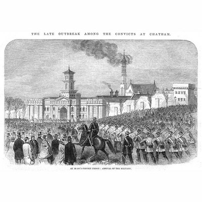 CHATHAM Ankunft des Militärs nach Ausbruch im St Mary's Prison - alter Druck 1861