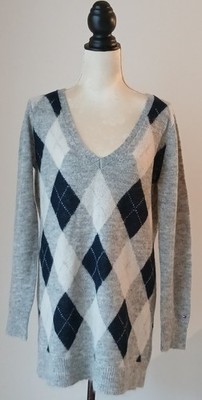 TOMMY HILFIGER PULLOVER GR. XL GRAU RAUTEN  V-AUSSCHNITT 37%MOHAIR 34%WOLLE 