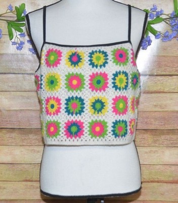 Wild Fable Women's XL Granny Squares Knit Floral Crochet Crop Tank Top Cute Boho