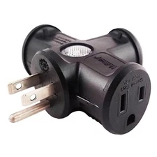 3 Outlets Indoor/Outdoor Grounded AC Power Wall Tap Adapter Black w/ LED Light