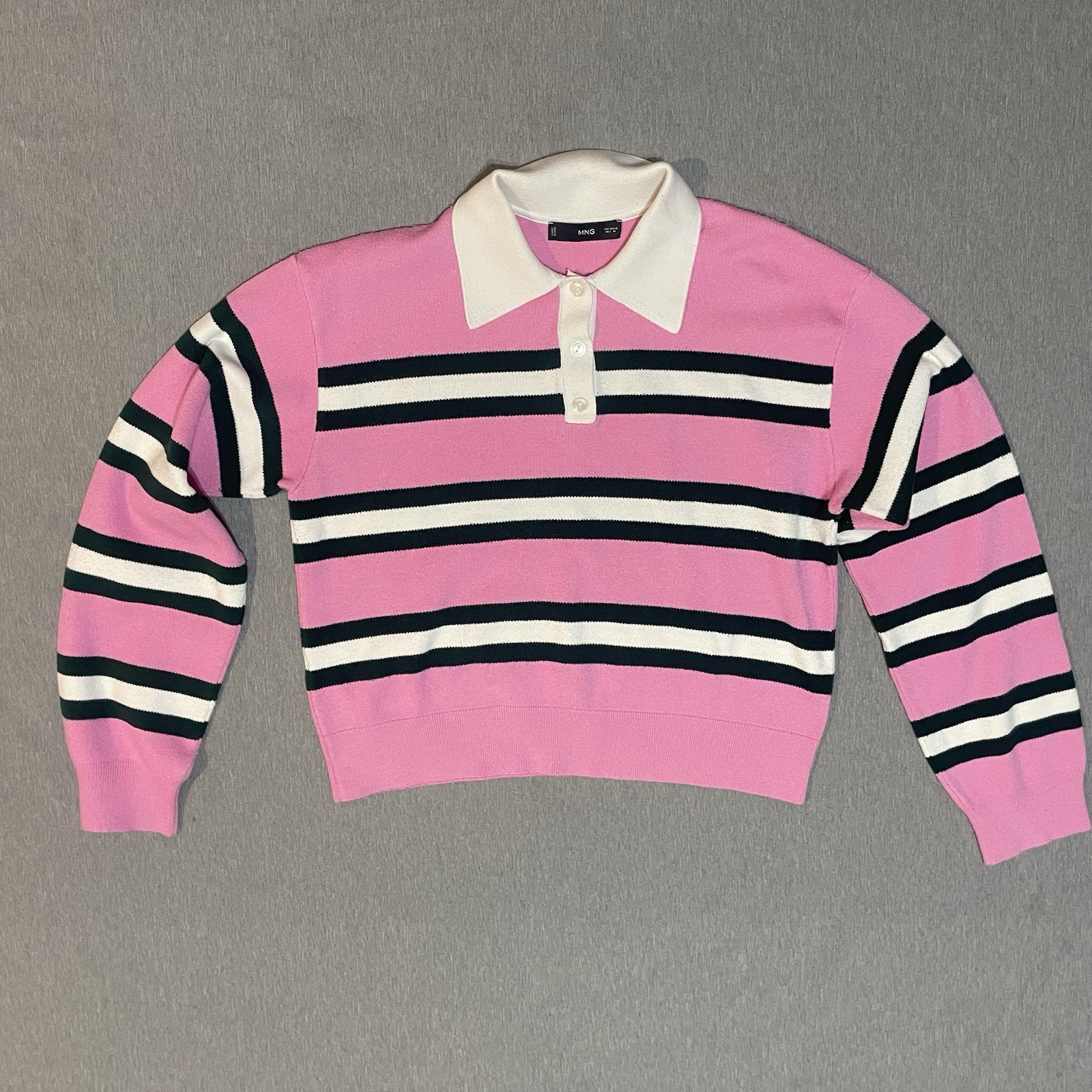 Mango Women’s Medium Striped Polo Neck Sweater Pink Green White Knit Top thumbnail 2