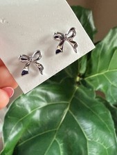 Silver Bow Stud Earrings Metal Fashion Jewelry