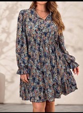 2xl  Spring Casual Vacation Dress Navy Multi Colored Ditsy Floral