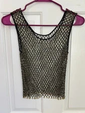 Poss. FP Net Tank Top Womens Gold Beaded Mesh Festival Coachella Fishnet Sz S