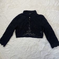 Black Floral Lace bolero Cropped Cardigan Sweater Collared Button Long Sleeve S