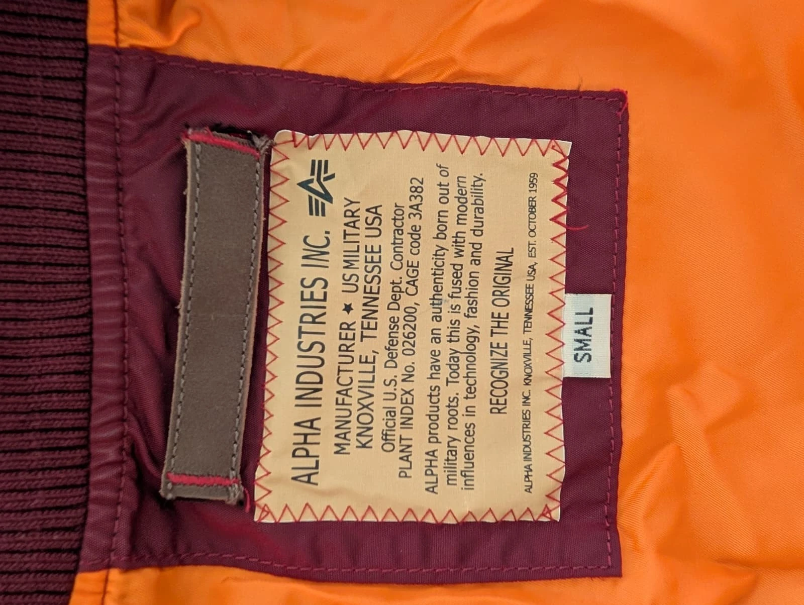 Alpha Industries MA-1 Flight Bomber Jacket Burgundy S Orange Lining image 3