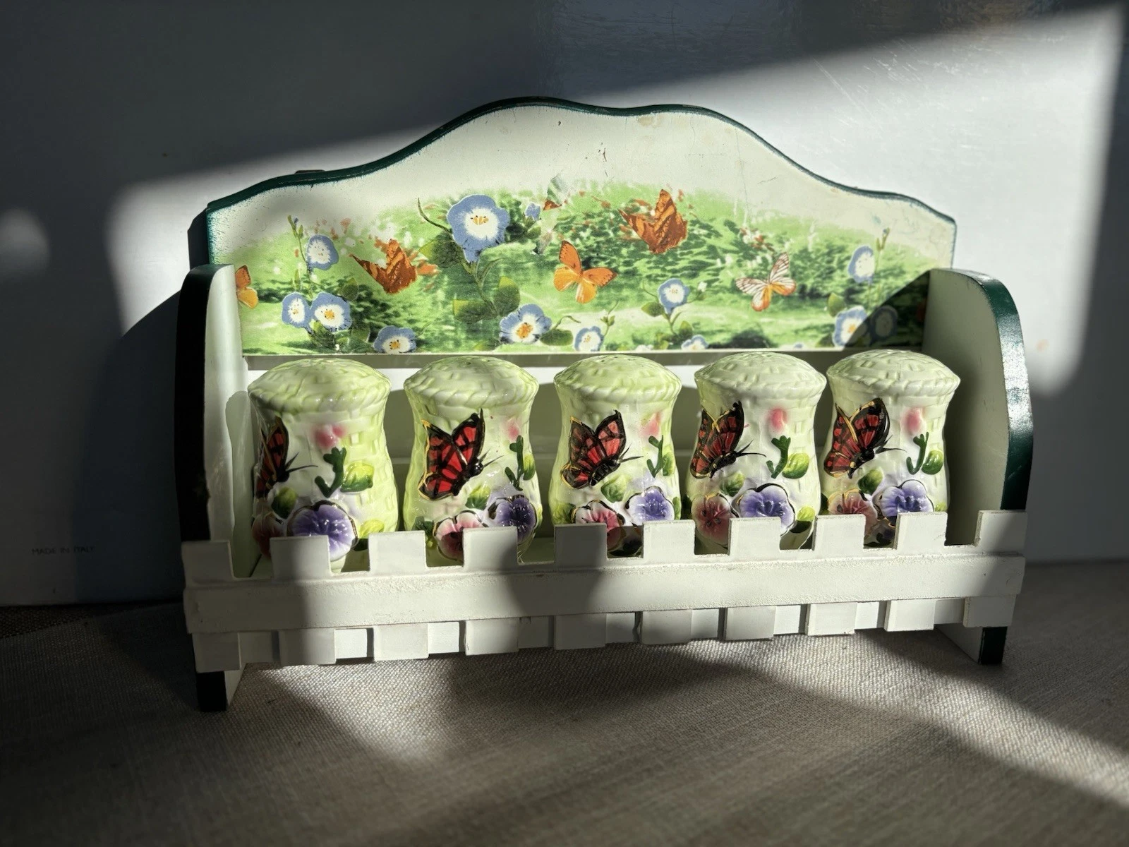 Hand-Painted Butterfly Ceramic Spice Jars Set of 5 with Wooden Rack VTG 2000s