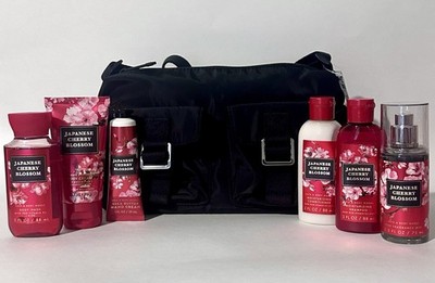 Japanese Cherry Blossom BBW 6 pc Travel Gift Set + PINK Crossbody Travel Bag NWT
