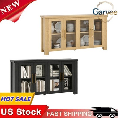 Spacious 59 Inch Wood Buffet Cabinet with Tempered Glass Doors and Adjustable