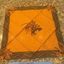 ART VINTAGE JAPAN ORANGE CORAL  BLACK HANKY WOMAN POCKET SQUARE COTTON 18" W13