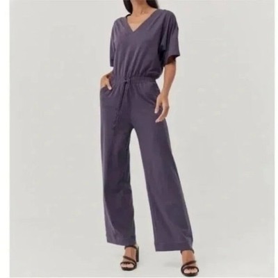 Pact Women s Revive Jumpsuit Sz XS Wide Leg Vneck Strings Purple Organic Cotton