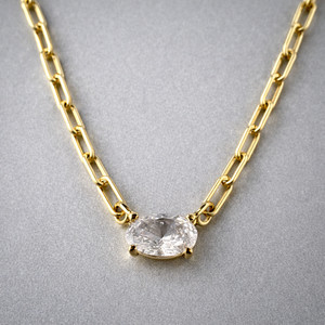 Authentic Rachel Zoe Gold Plated 925 Sterling Silver Necklace w CZ Clear Oval Center Stone