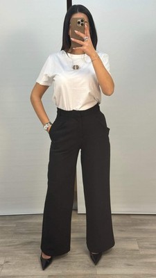 Schwarze weite Damen Hose - fließender Schnitt High Waist Doppeltaschen