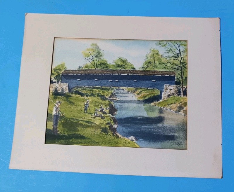 Davis Gray Watercolor Bentzel Mill Bridge, York County, Pennsylvania Signed