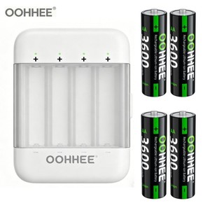 OOHHEE 4X AA 3600mWh Rechargeable Lithium Batteries 1.5V White Fast Charging Box