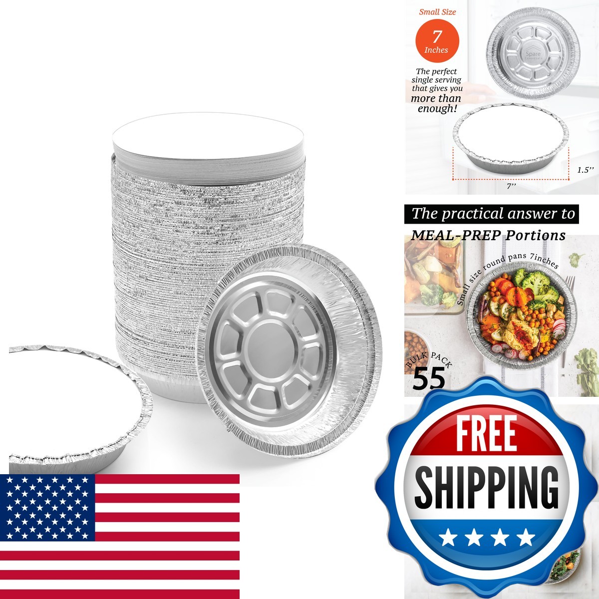 Spare Essentials (55 Pack) 7" Round Foil Pans Lids - Small Aluminum Pans