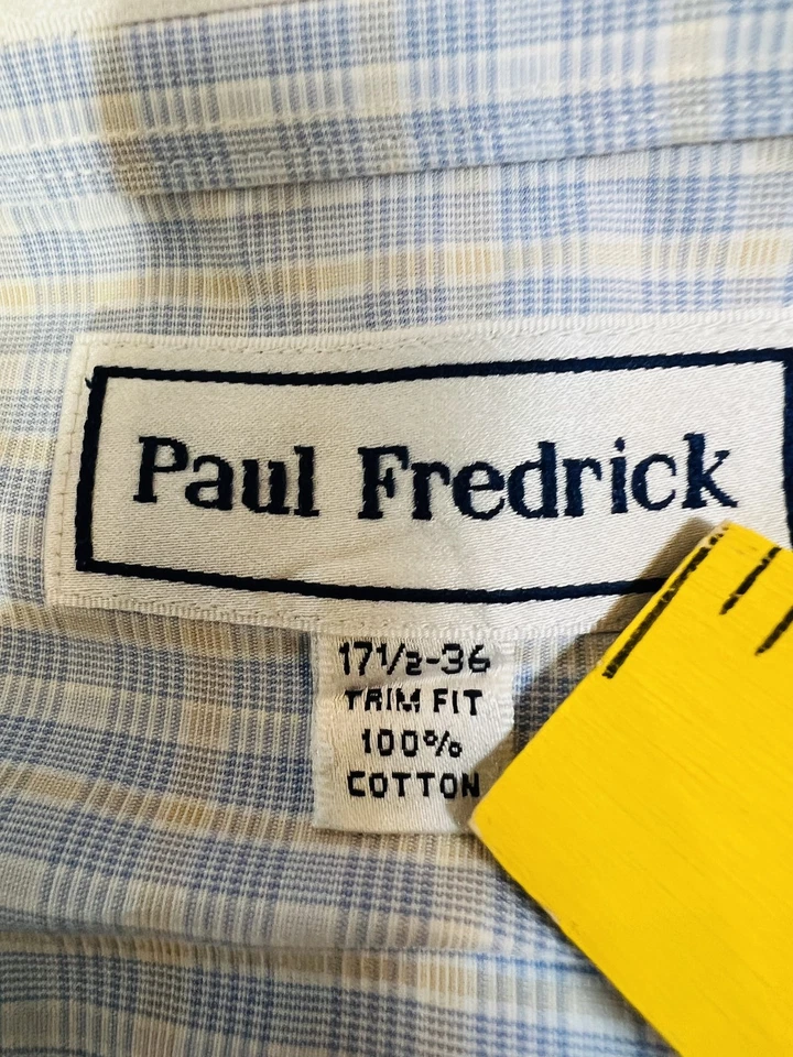 Paul Fredrick Shirt Mens 17.5 36 Blue Plaid Trim Fit Button Down 100% Cotton - Image 3 of 4
