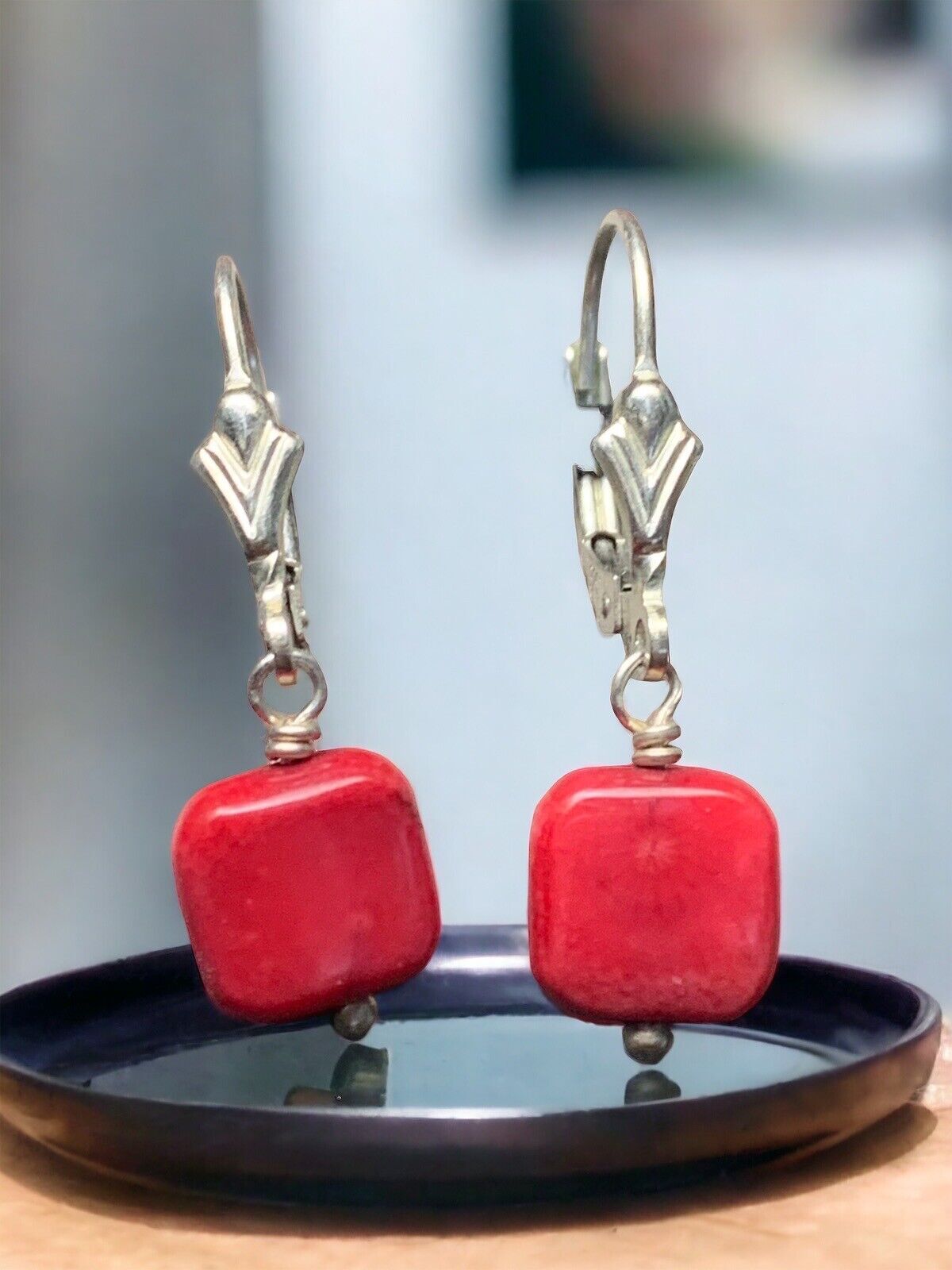 Vintage Red Sea Coral  Drop Dangle Sterling Silver 925 Pierced earrings