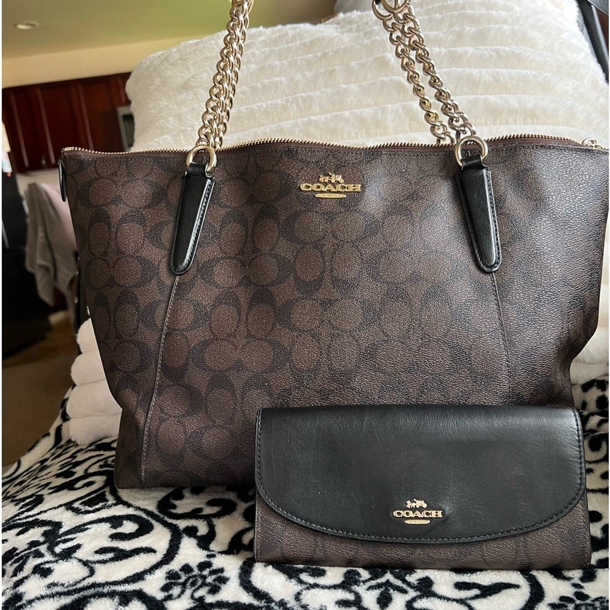 Coach Ava Chain Tote in Black/Brown w/ matching wallet F23526 | eBay