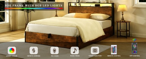 Bed Frame QueenSize with Lift Up Storage,Charging Station & LED Lights Headboard - Picture 13 of 16