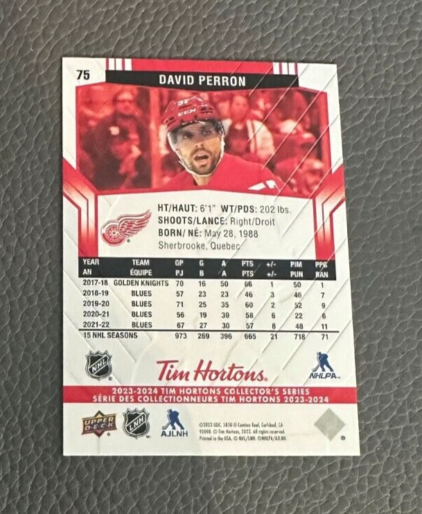 2023-24 Upper Deck Tim Hortons #75 David Perron - Red Wings - Image 2 of 2