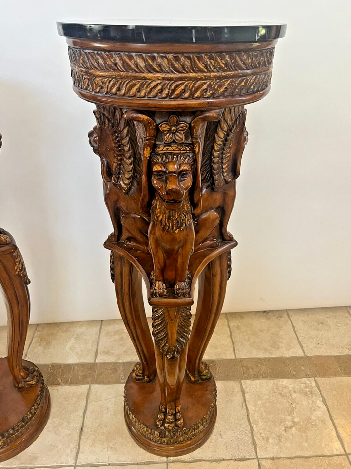 Vintage Pair Large Plant Stands Winged Lions Faux Bronze Marble Resin