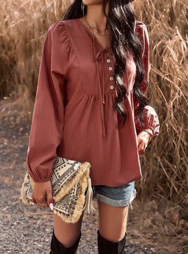 Double Tie Neck Babydoll Blouse | 5 colors - Picture 10 of 29