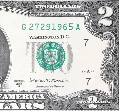 G 2729 1965 A : TRAILING YEAR 1965 $2 Two Dollar Bill Serial Number