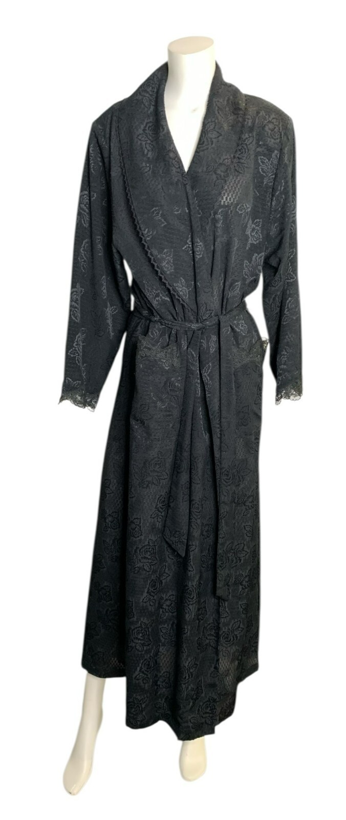 VTG Fantasies by Morgan Taylor Black Floral Jacquard Robe Lace Trim shoulder pad
