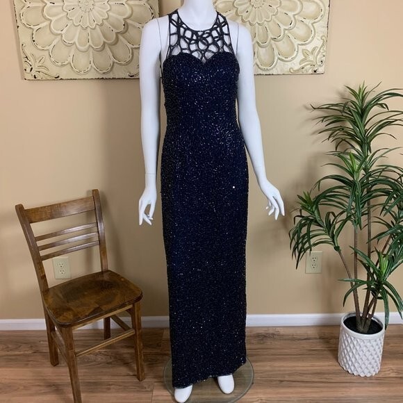 Vintage Scala Beaded Art Deco Sleeveless Navy Silk Formal Caged Yoke Dress S/M | eBay Vintage Scala Beaded Art Deco Sleeveless Navy Silk Formal Caged Yoke Dress S/M | eBay