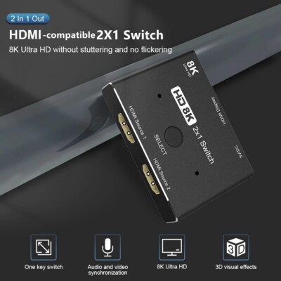 HDMI 2.1 2 in1 Out 8K@60Hz 4K@120Hz HD Switcher Splitter for PS4 PS5 PC tv box