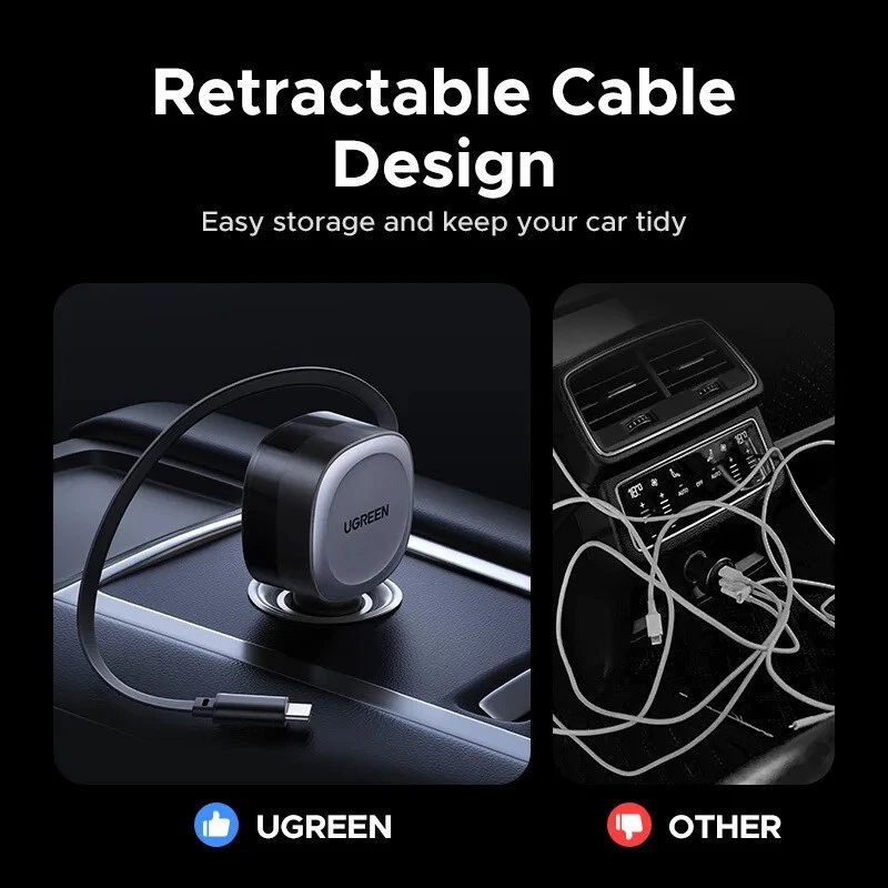 UGREEN 75W Cargador Coche 2 en 1 Cable Retráctil PD QC 4.0 USB C Para iPhone iPad Foto 2 de 4