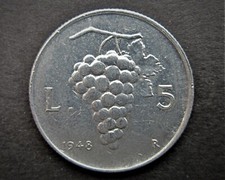 ITALY 5 LIRE  1948R  /  SNIFF'S ANCIENT COINS T-2