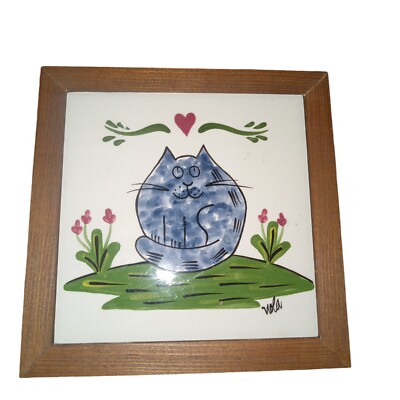 Nola Watkins Collection Hand Painted Pottery , Framed Fat Cat Tile
