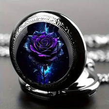 Retro Rose Quartz Pocket Watch Black Necklace Pocket Watch Men Women Gift