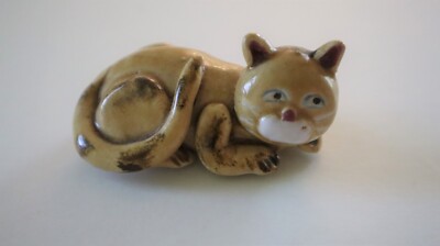 Vintage Brown Cat Clay Figurine with Blue Eyes Made in China