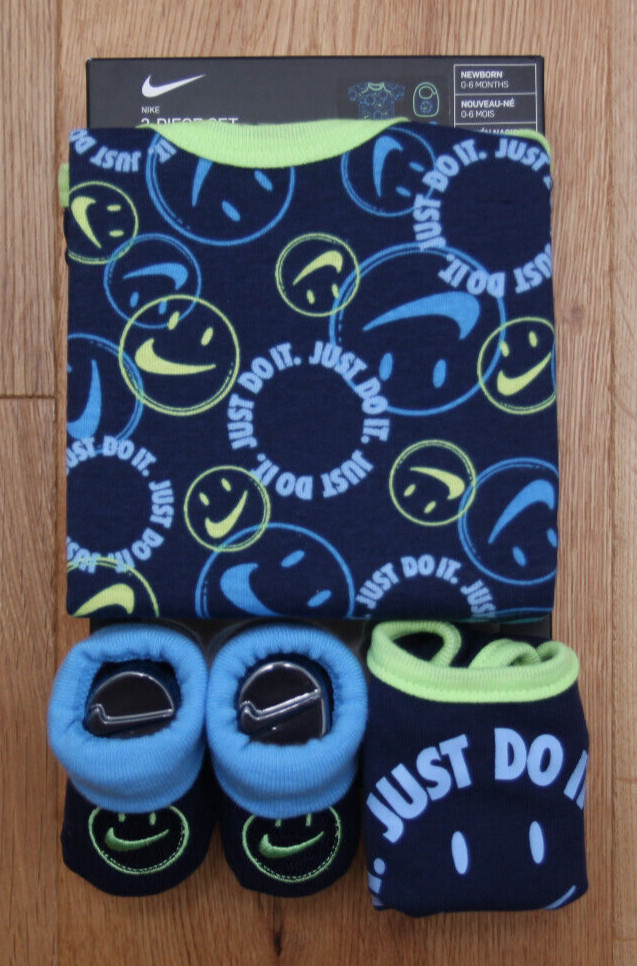 Nike Baby Boy 3 Pc Bodysuit, Bib & Booties Set ~ Navy Blue, Aqua & Volt ~ 0-6M